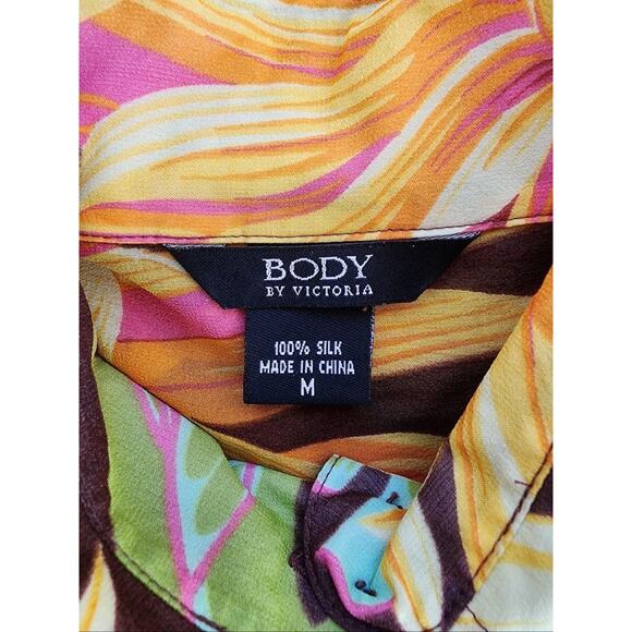 Body By Victoria Secrets Shirt Medium Brown Yellow Silk Floral Button Top Groovy - Picture 5 of 15